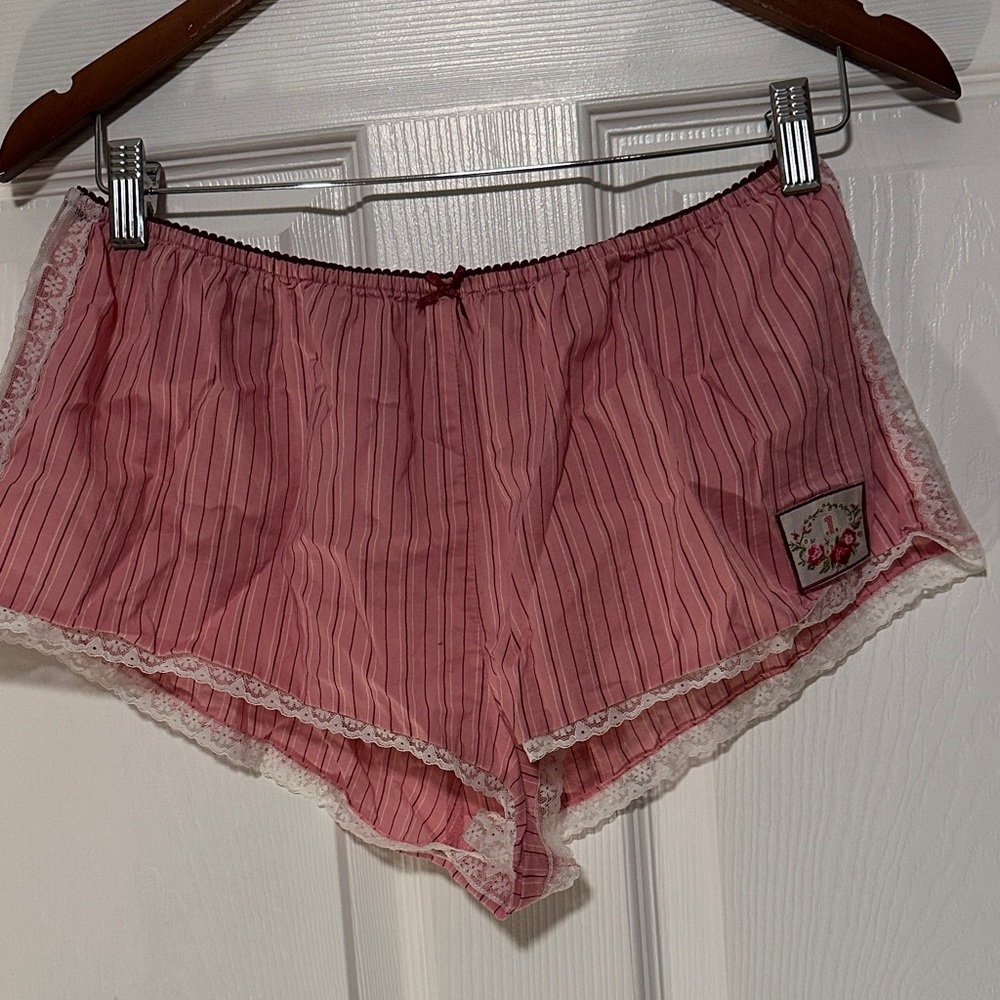 Pink Striped Women's Sleep Shorts y2K M lace